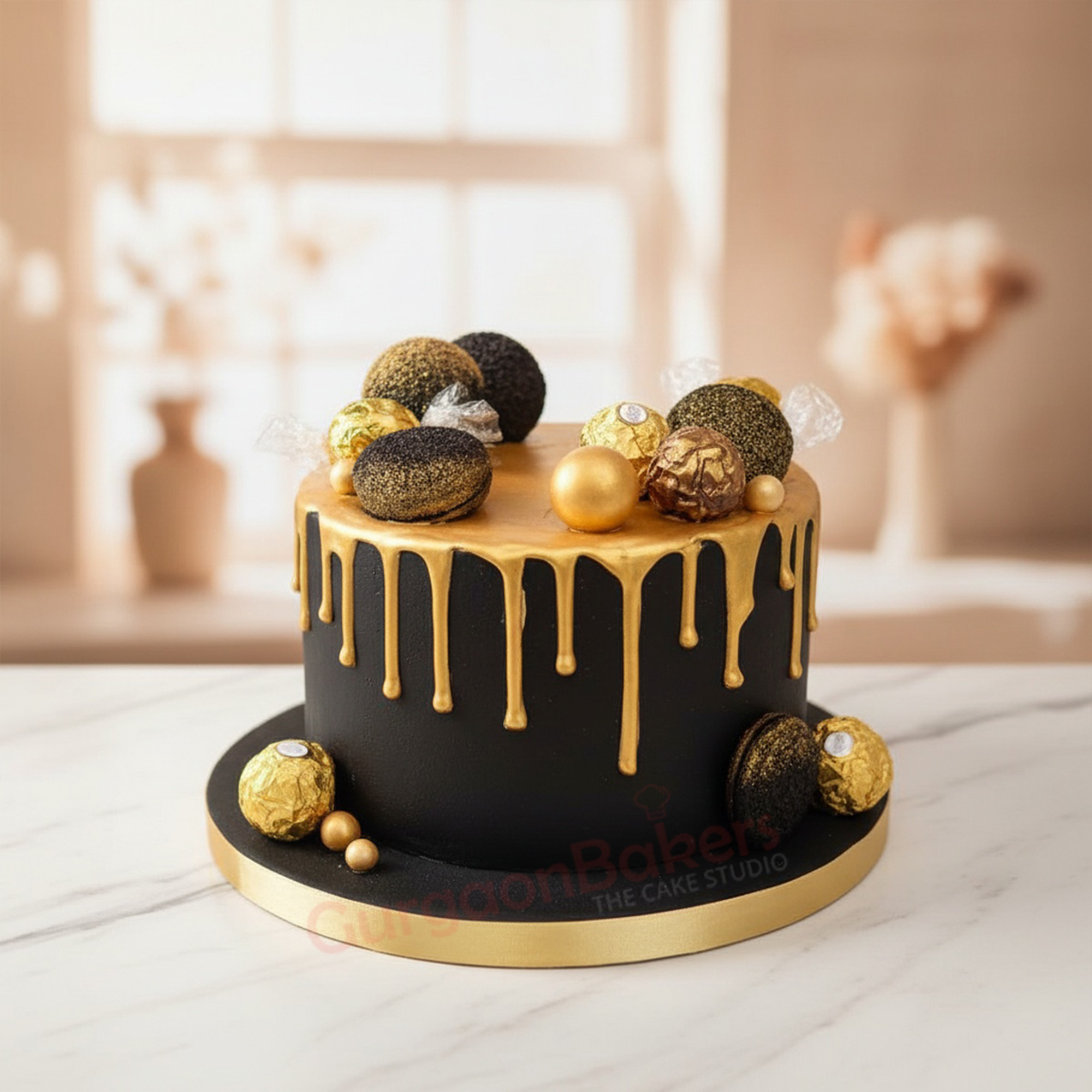 Decadent Eggless Ferrero Rocher Cake Delicious eggless Ferrero Rocher cake with gold and black decoration in Gurgaon | Gurgaon Bakers
