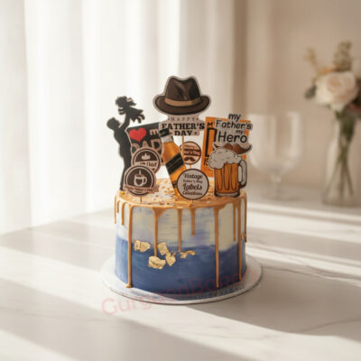Custom Father's Day cake with decorative toppers and drip frosting in Gurgaon | Gurgaon Bakers