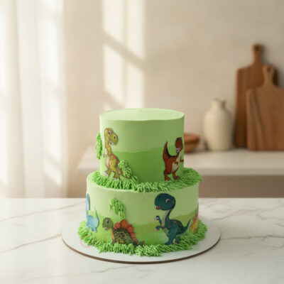 Colorful 2 tier dinosaur cake with green frosting and dinosaur figurines in Gurgaon | Gurgaon Bakers