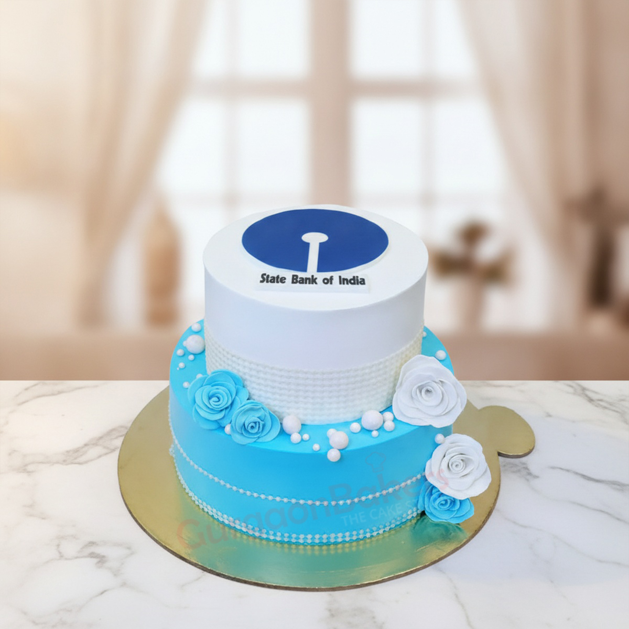 State Bank Employee Cake Elegant Bank Employee Cake with Blue and White Decoration in Gurgaon | Gurgaon Bakers