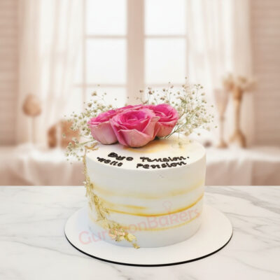 Bye Tension Hello Pension Cake adorned with pink roses in Gurgaon | Gurgaon Bakers
