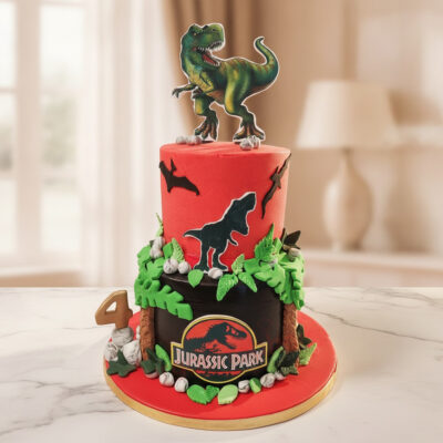 Vibrant Dino Adventure Cake with Jurassic Park theme in Gurgaon | Gurgaon Bakers