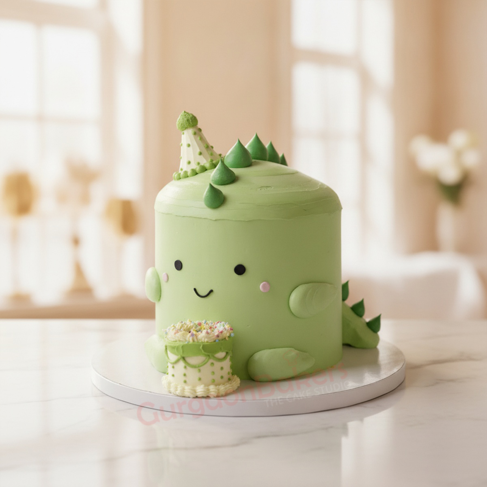 Cute Dino Delight Cake Adorable green dino cake for kids with spikes and smiling face in Gurgaon | Gurgaon Bakers