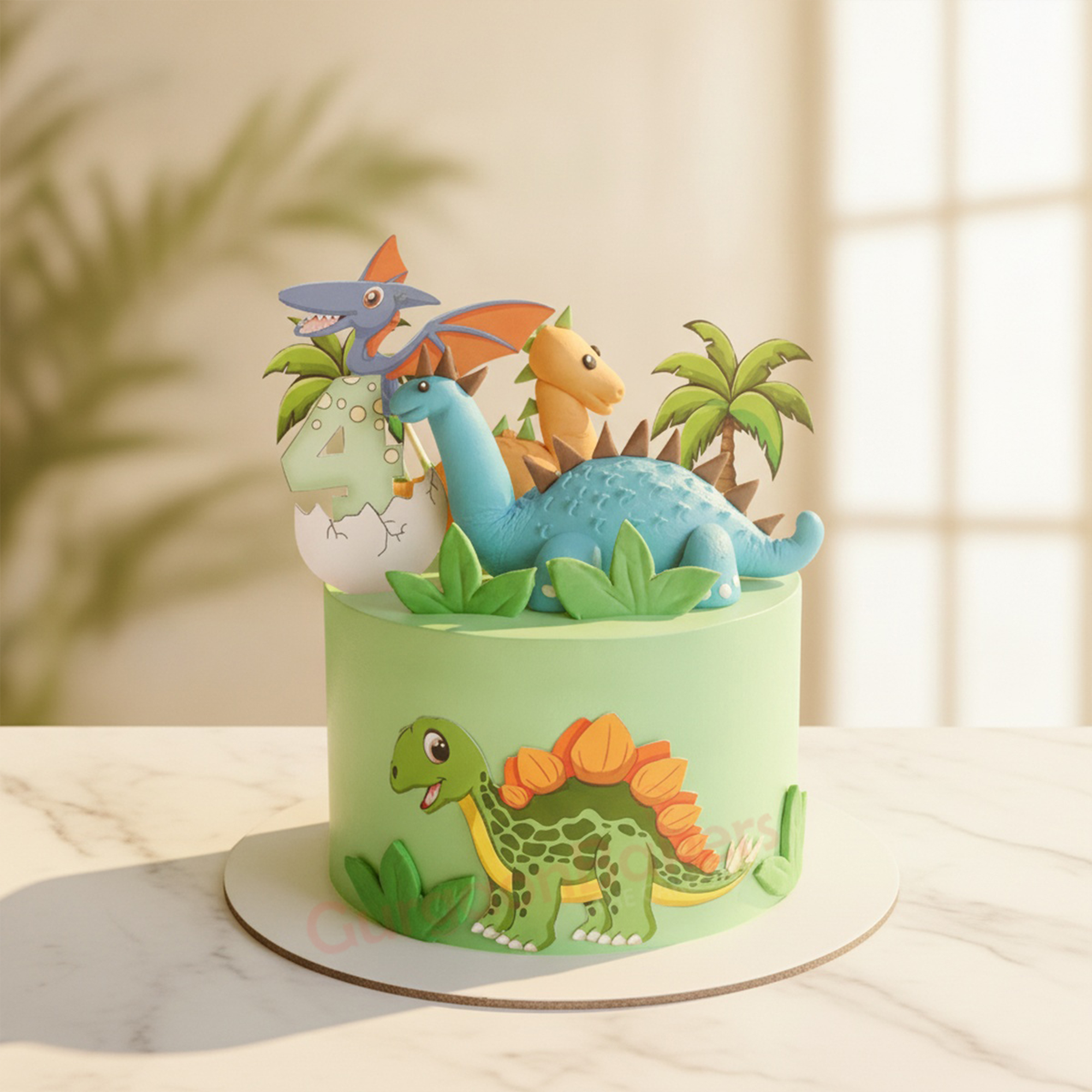 Dino-mite Birthday Cake Colorful dinosaur birthday cake for a 2yearold with playful dinosaur figurines and green leaves in Gurgaon | Gurgaon B