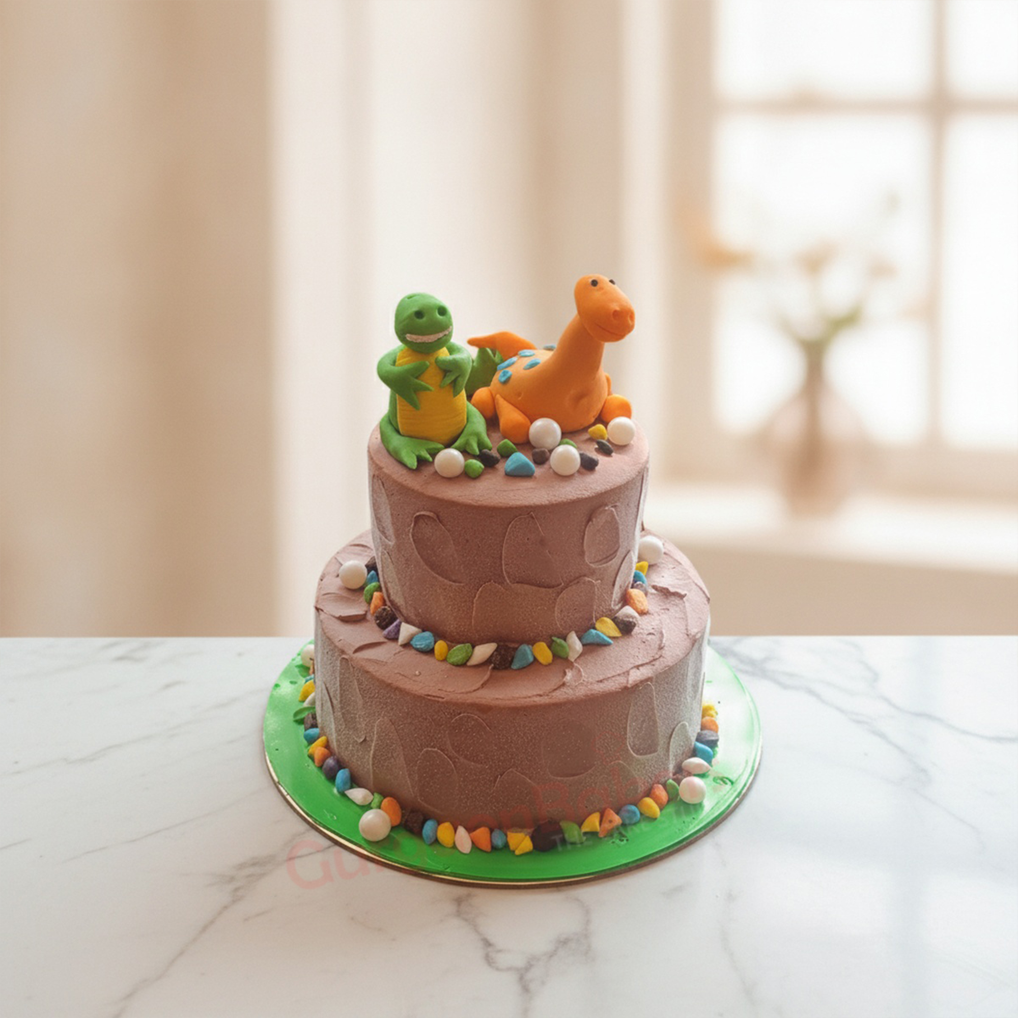Dinosaur Birthday Cake A twotier dinosaur birthday cake with colorful dinosaur figurines in Gurgaon | Gurgaon Bakers