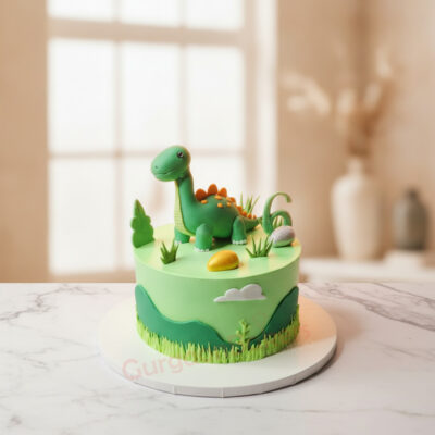 Dinosaur cake for boys featuring a green dinosaur and playful landscape in Gurgaon | Gurgaon Bakers