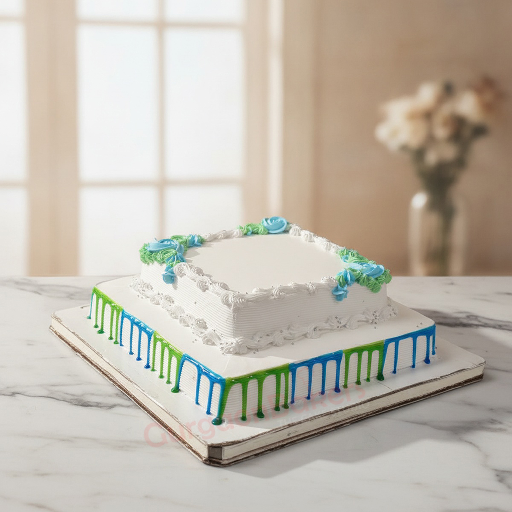 Elegant Company Anniversary Cake Elegant white square company anniversary cake with colorful decorations in Gurgaon | Gurgaon Bakers