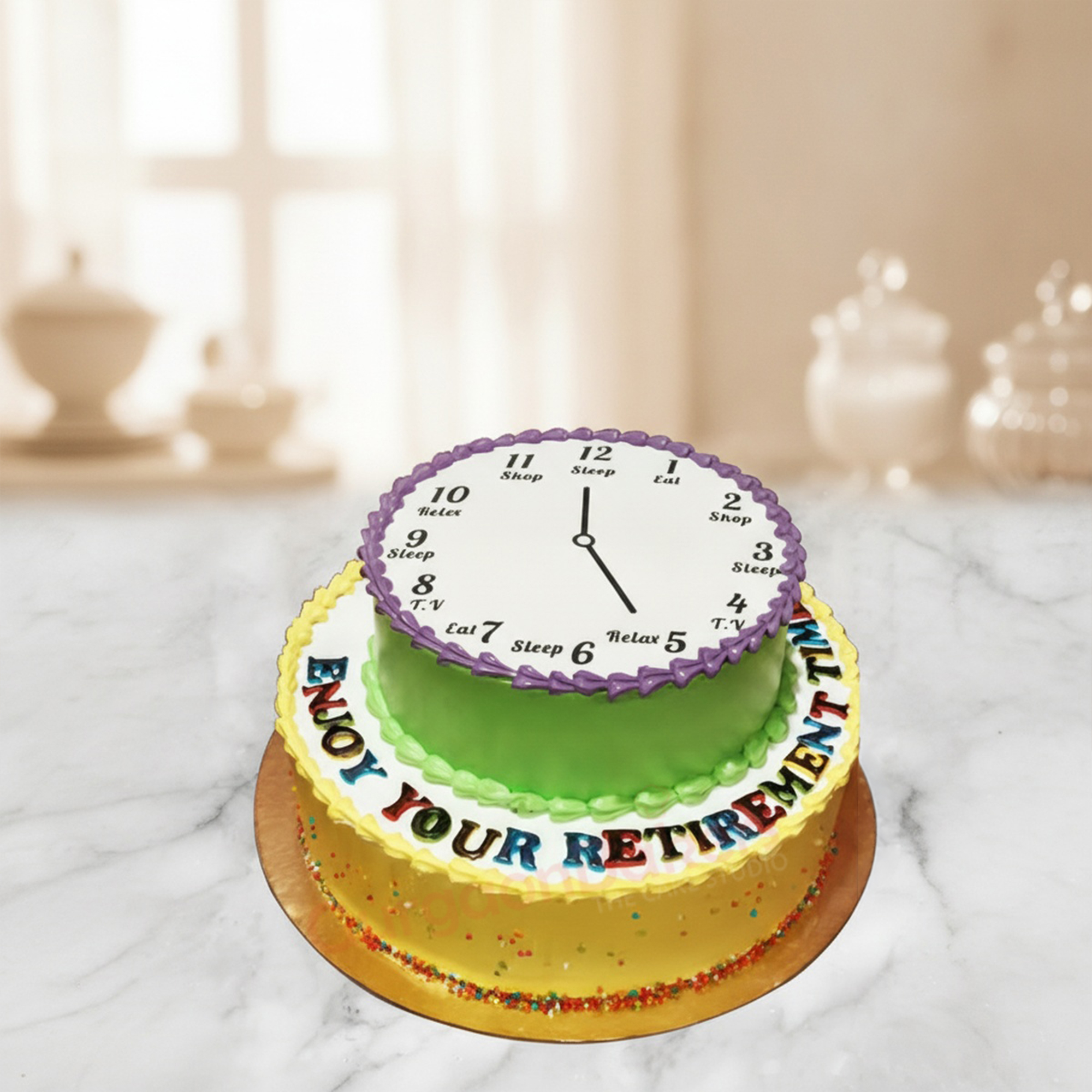 Funny Retirement Cake A colorful funny retirement cake designed with a clock and cheerful message in Gurgaon | Gurgaon Bakers