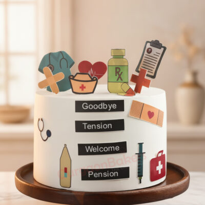 A creative retirement celebration cake with medical-themed decorations in Gurgaon | Gurgaon Bakers