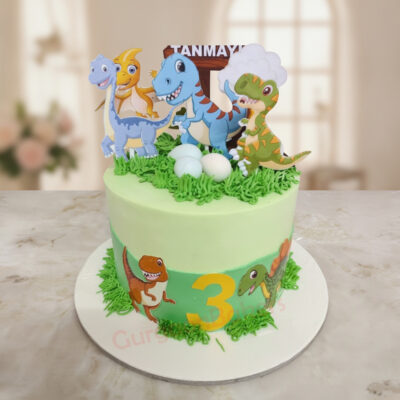Jurassic Park theme cake with dinosaur decorations and green frosting in Gurgaon | Gurgaon Bakers