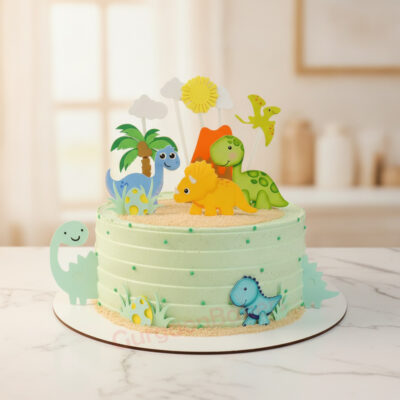 Colorful kids dinosaur cake decorated with playful dinosaur figures in Gurgaon | Gurgaon Bakers