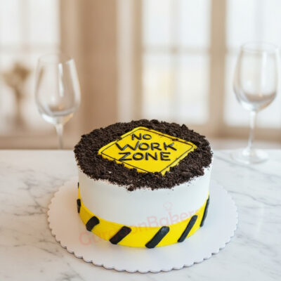 No Work Zone Retirement Cake with yellow and black design in Gurgaon | Gurgaon Bakers