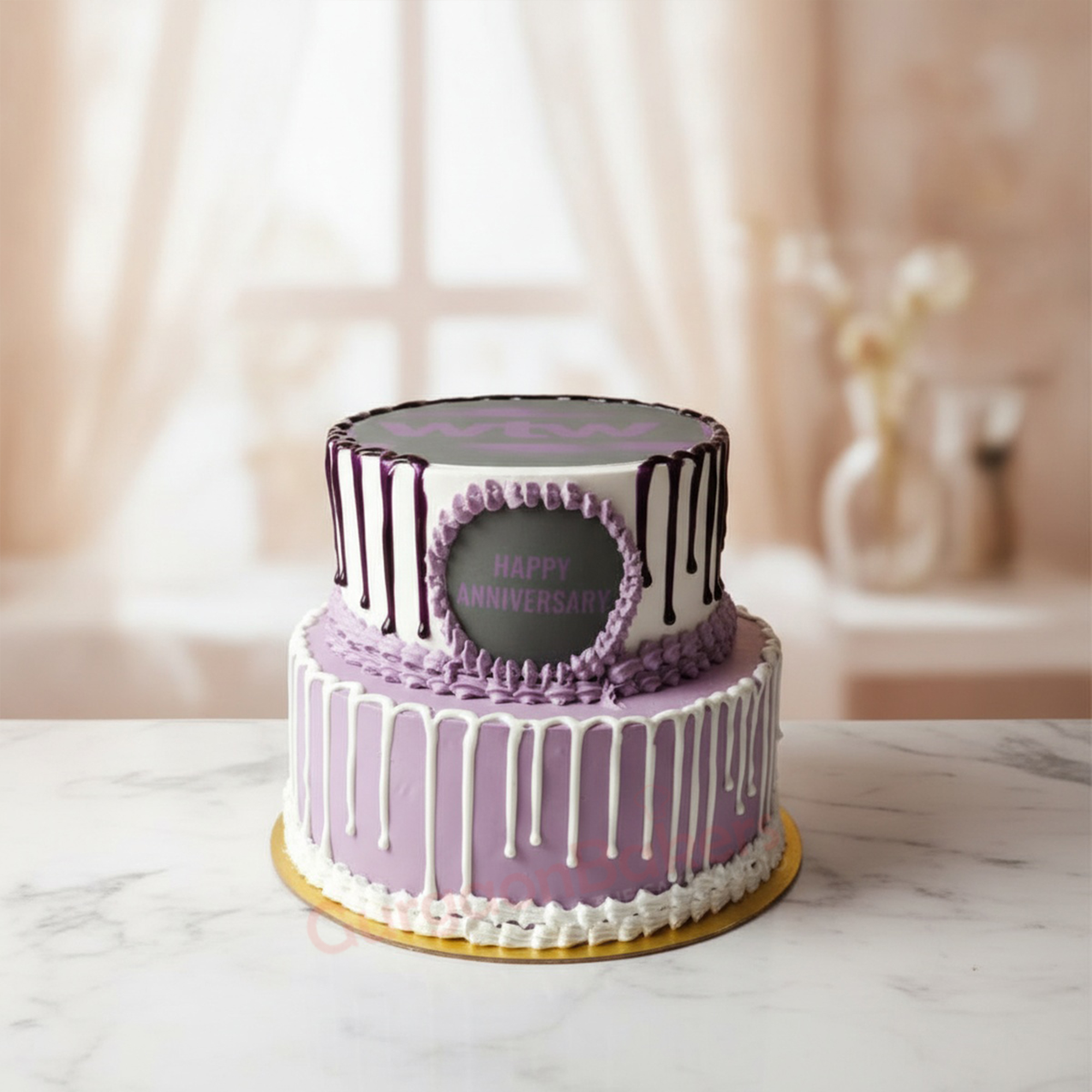 Delightful Office Birthday Cake Stylish purple twotier office birthday cake with drips and a happy anniversary message in Gurgaon | Gurgaon Bakers