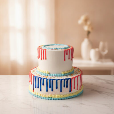 Two-tier office celebration cake with vibrant icing and drips in Gurgaon | Gurgaon Bakers