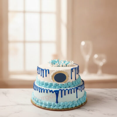 A beautifully designed blue and white office farewell cake with elegant decoration in Gurgaon | Gurgaon Bakers