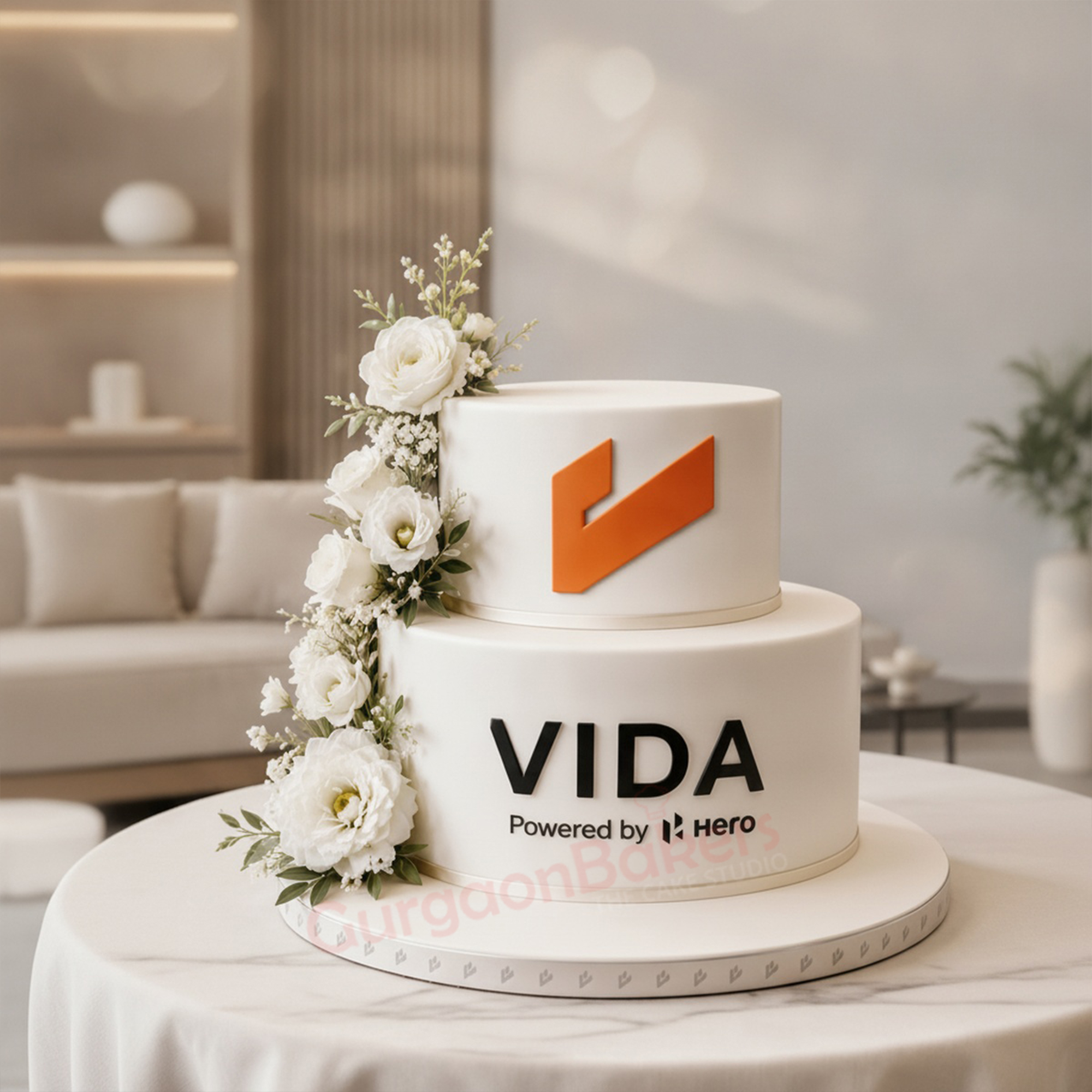 Office Promotion Cake Custom office promotion cake decorated with white flowers and corporate logo in Gurgaon | Gurgaon Bakers