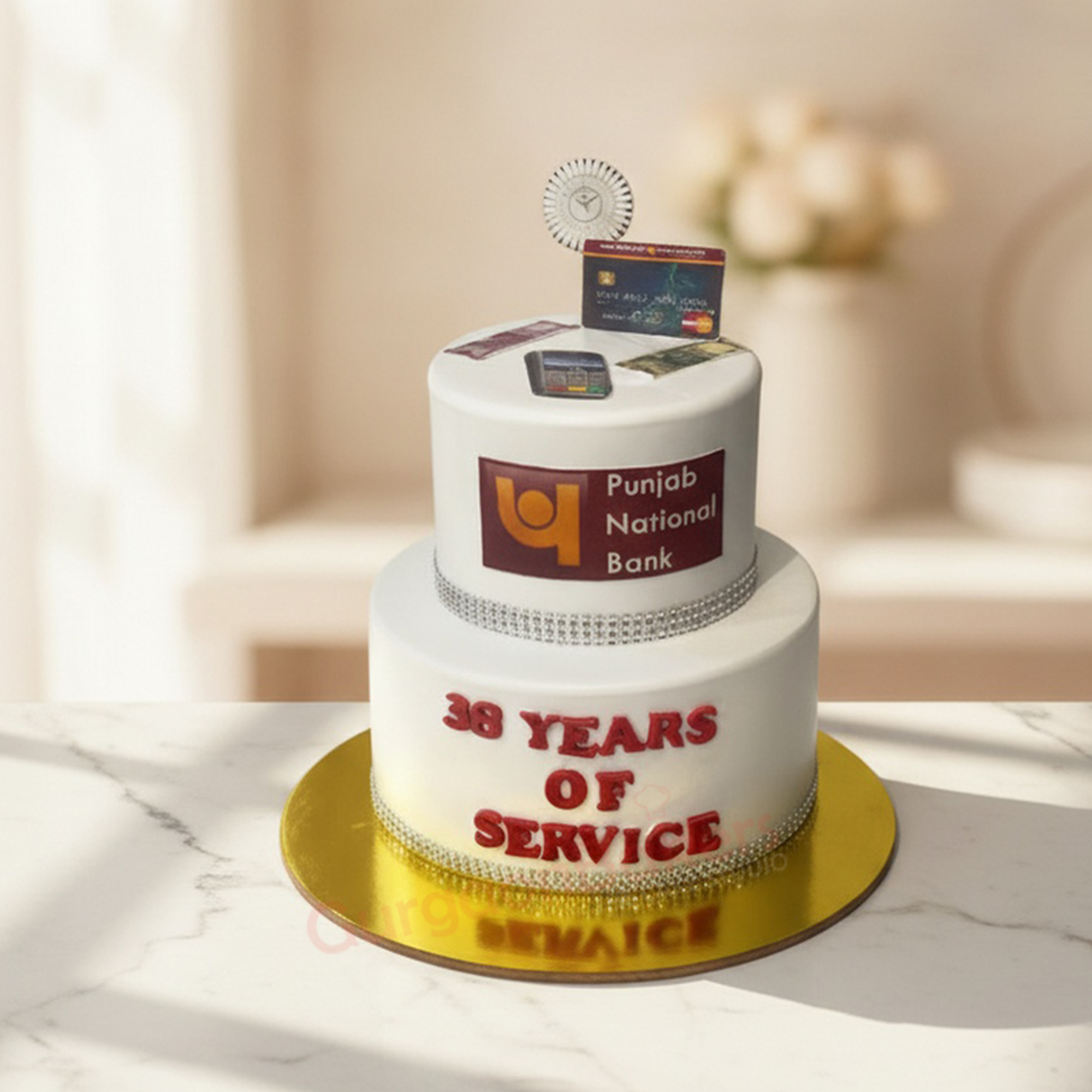 38 Years of Service Retirement Cake Twotier retirement cake with '38 Years of Service' text and Punjab National Bank logo in Gurgaon | Gurgaon Bakers