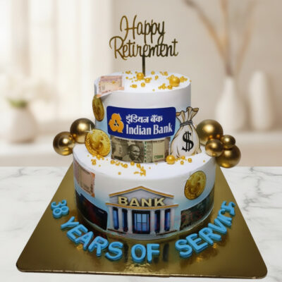 Retirement Cake for Bank Employee featuring bank decor and golden accents in Gurgaon | Gurgaon Bakers