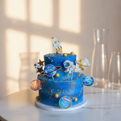 A beautifully designed space cake for boys with blue frosting and space-themed decorations in Gurgaon | Gurgaon Bakers