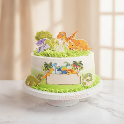 A colorful Triceratops birthday cake with dinosaur toppers and green frosting in Gurgaon | Gurgaon Bakers
